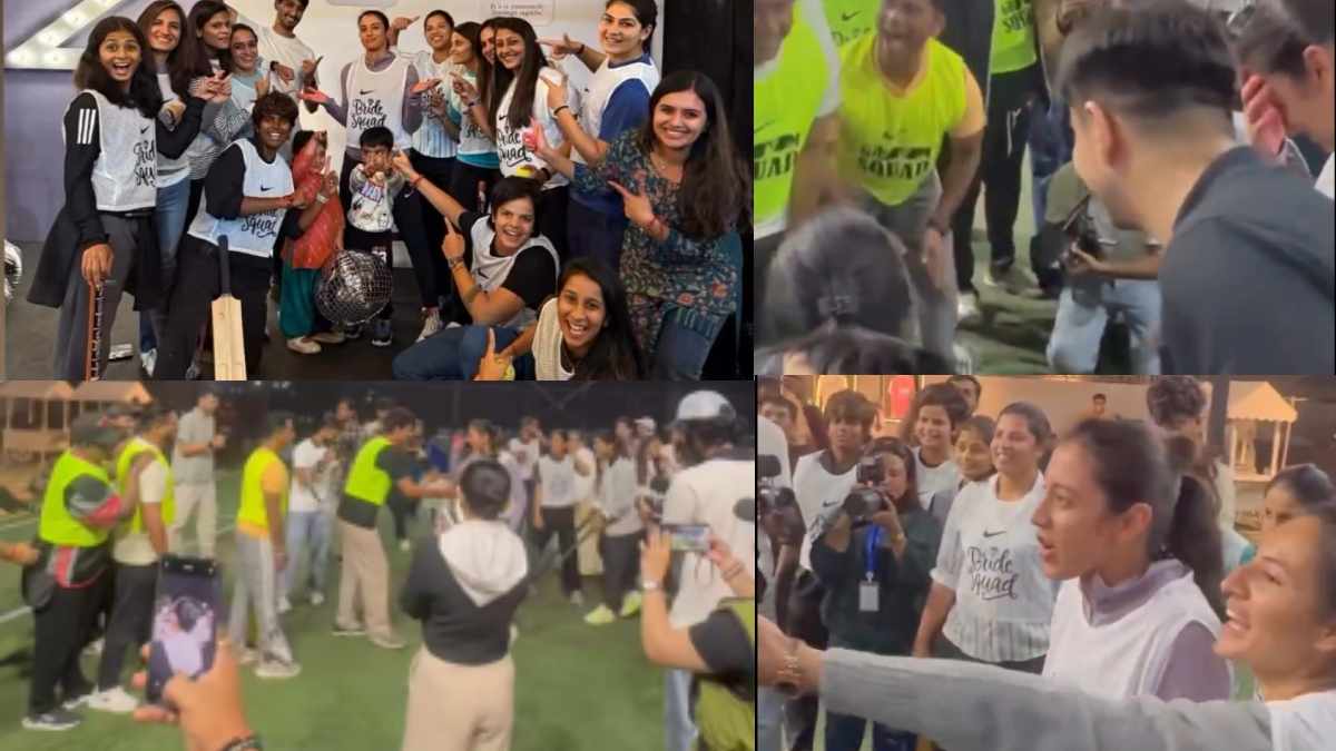 Smriti Mandhana wedding Palash Muchhaal Groom Squad Lose to World Champions Bride Squad in Cricket match Video