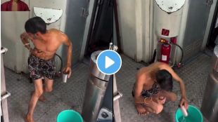 Man bathing with shampoo inside moving train