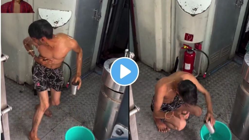 Man bathing with shampoo inside moving train