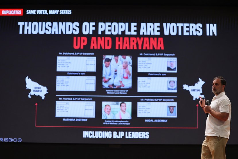 राहुल गांधी यांनी दावा केला की, हरियाणामध्ये काही महिन्यांपूर्वी झालेल्या विधानसभा निवडणुकीसाठी २५ लाखांहून अधिक बोगस मतदार तयार केले गेले होते. ज्यामुळे सर्व ओपिनियन पोलमध्ये आणि पोस्टल बॅलेटमध्ये काँग्रेस पुढे असूनही त्यांचा पराभव झाला.