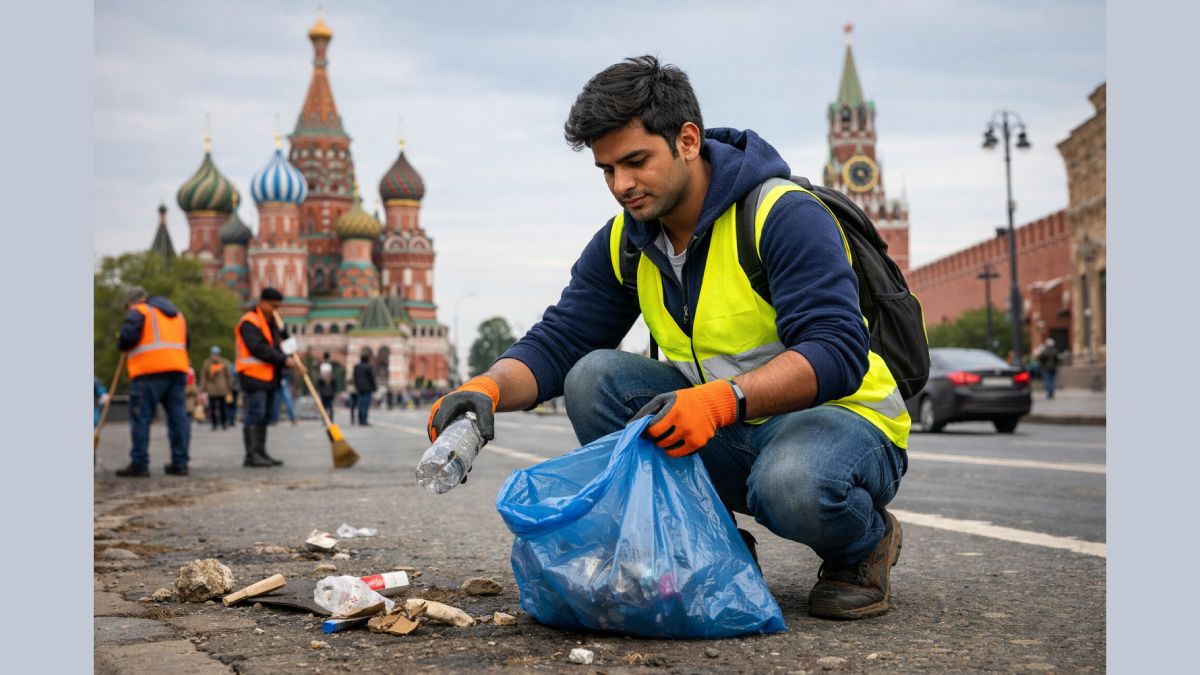 Indian man cleans streets in Russia