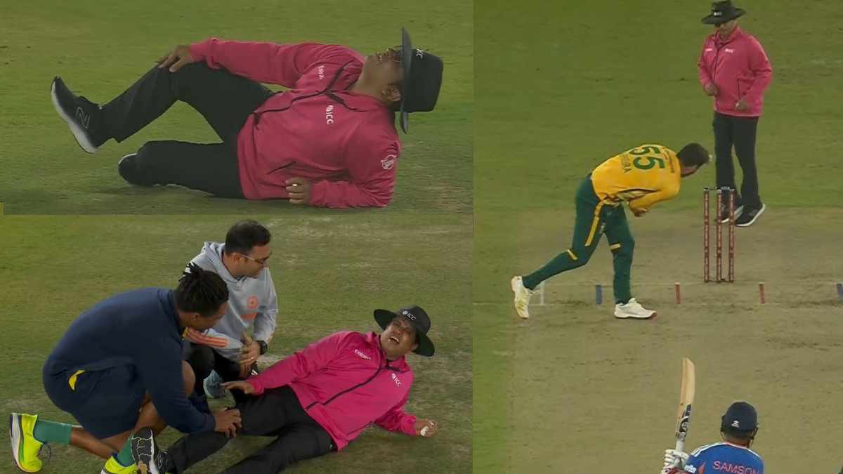 Sanju Samson Powerful Shot Injures Umpire Rohan Pandit on Knee Goes Down on pain IND vs SA