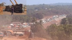 हातखंबा शाळेजवळ सिमेंट ट्रक पलटी; मुंबई–गोवा महामार्गावरील वाहतूक ठप्प