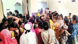 Crowd outside of office of the Women and Child Development Officer