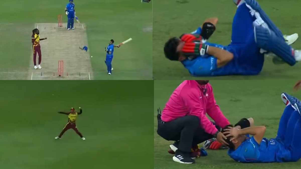 Rahmanullah Gurbaz Injured Ball hit on his helmet Collapses on Ground Video Viral WI vs AFG 3rd t20