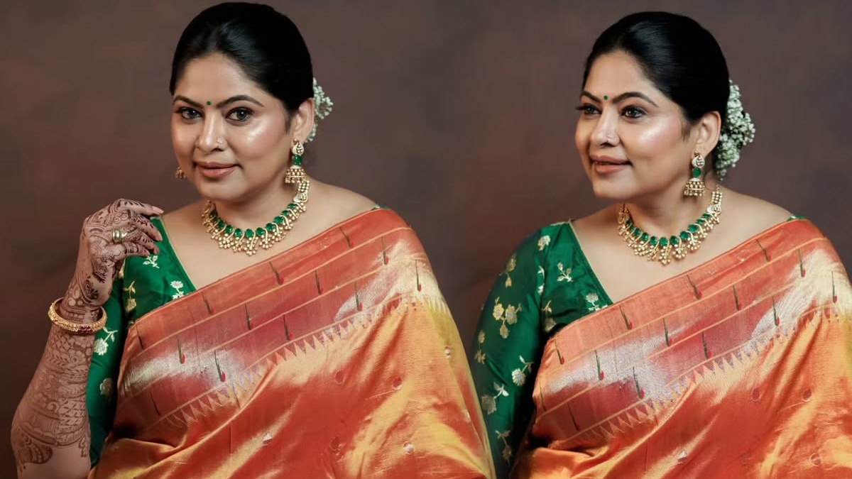 Shweta Shinde Orange Muniya Paithani Saree