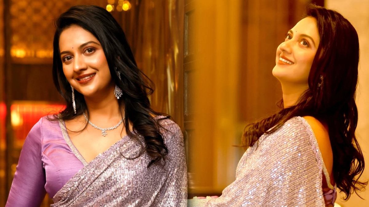 Tejashri Pradhan Purple Shimmery Saree Look