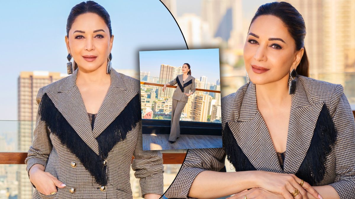 actress madhuri dixit shares classy and bossy look grey tailored pantsuit fans praise