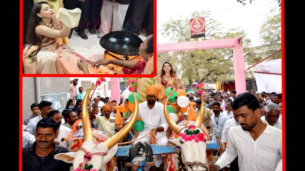 Traditional bullock cart procession warmly welcomes actress Sonali Kulkarni in Dhule district villages. Traditional bullock cart procession warmly welcomes actress Sonali Kulkarni in Dhule district villages.