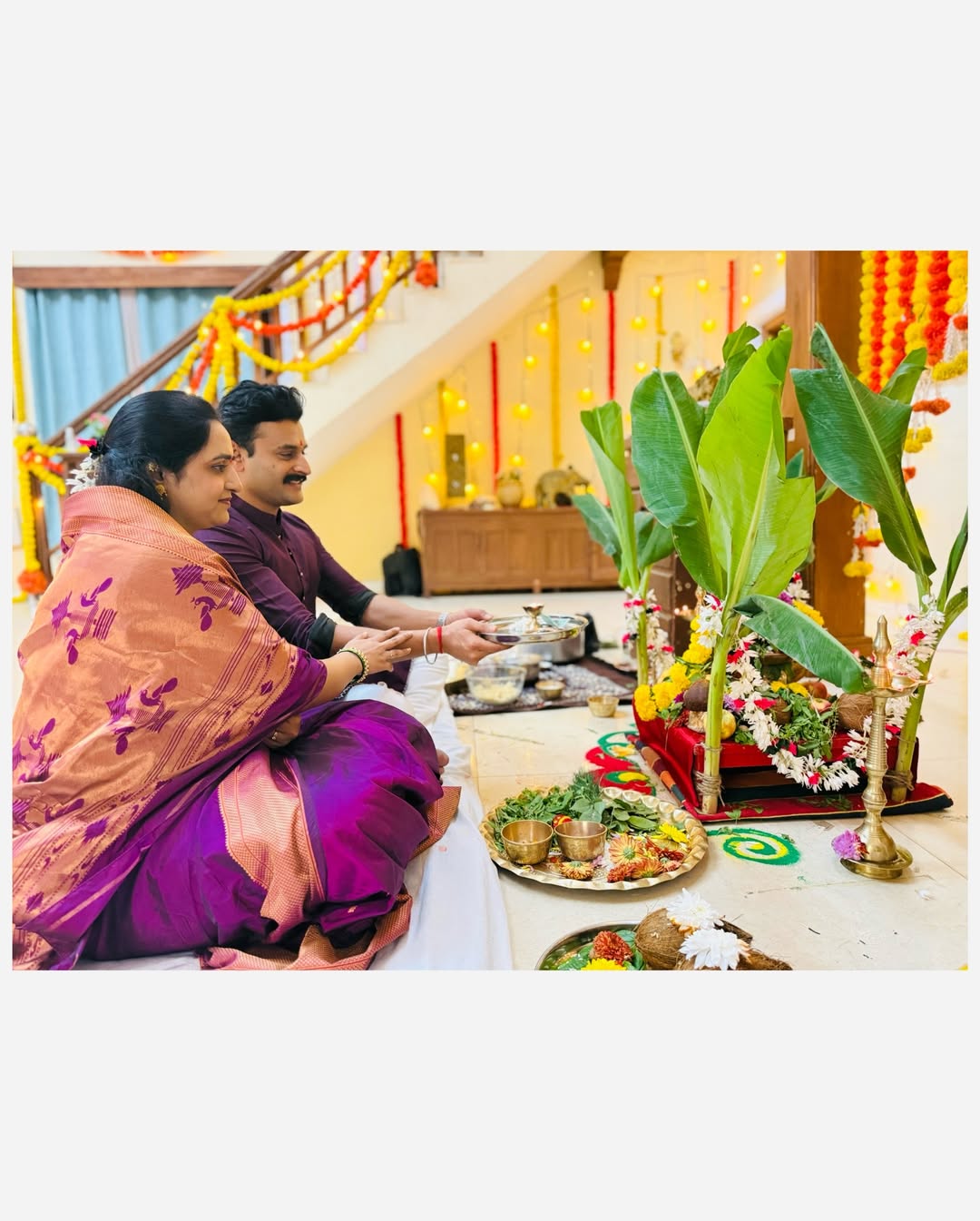 Gharo Ghari Matichya Chuli fame actor Sumit Pusawale with wife Monica Mahajan Pusawale during Satyanarayan Puja at home