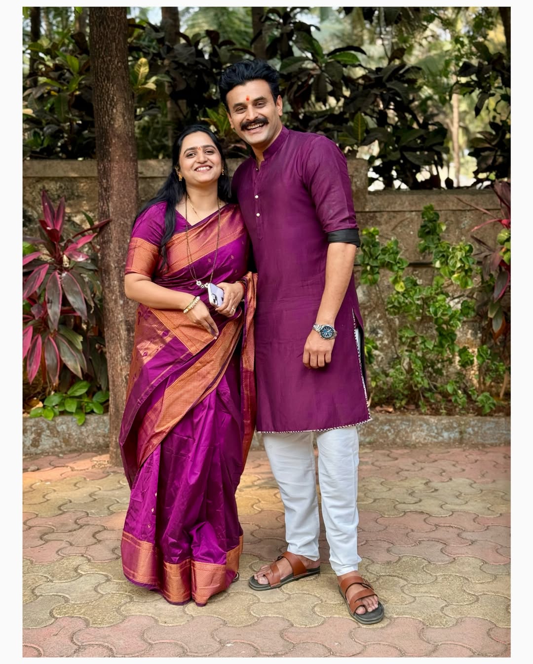 Gharo Ghari Matichya Chuli fame actor Sumit Pusawale with wife Monica Mahajan Pusawale during Satyanarayan Puja at home