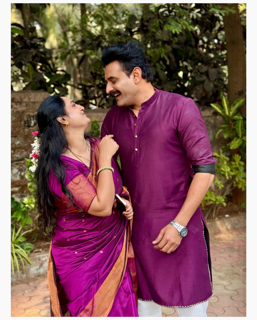 Gharo Ghari Matichya Chuli fame actor Sumit Pusawale with wife Monica Mahajan Pusawale during Satyanarayan Puja at home