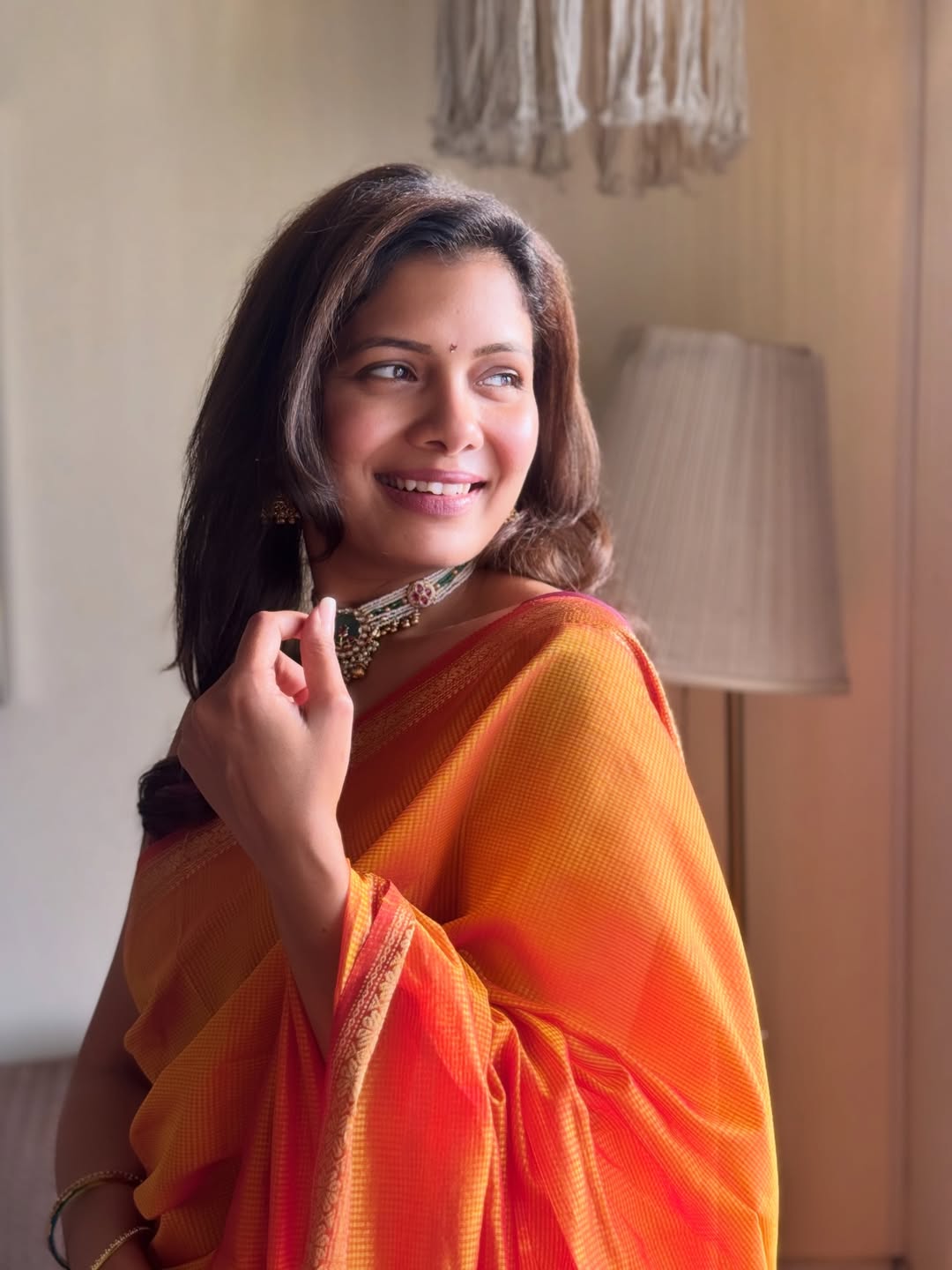 Suruchi Adarkar traditional Marathi look in red saree devotional visit to Yogeshwari Devi Temple Ambajogai