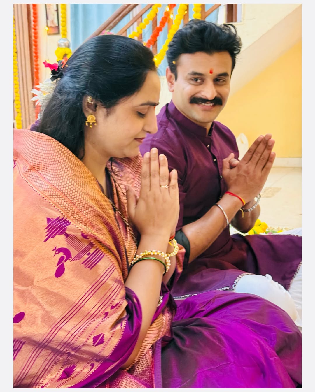 Gharo Ghari Matichya Chuli fame actor Sumit Pusawale with wife Monica Mahajan Pusawale during Satyanarayan Puja at home