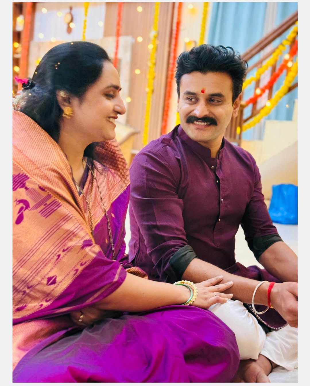 Gharo Ghari Matichya Chuli fame actor Sumit Pusawale with wife Monica Mahajan Pusawale during Satyanarayan Puja at home