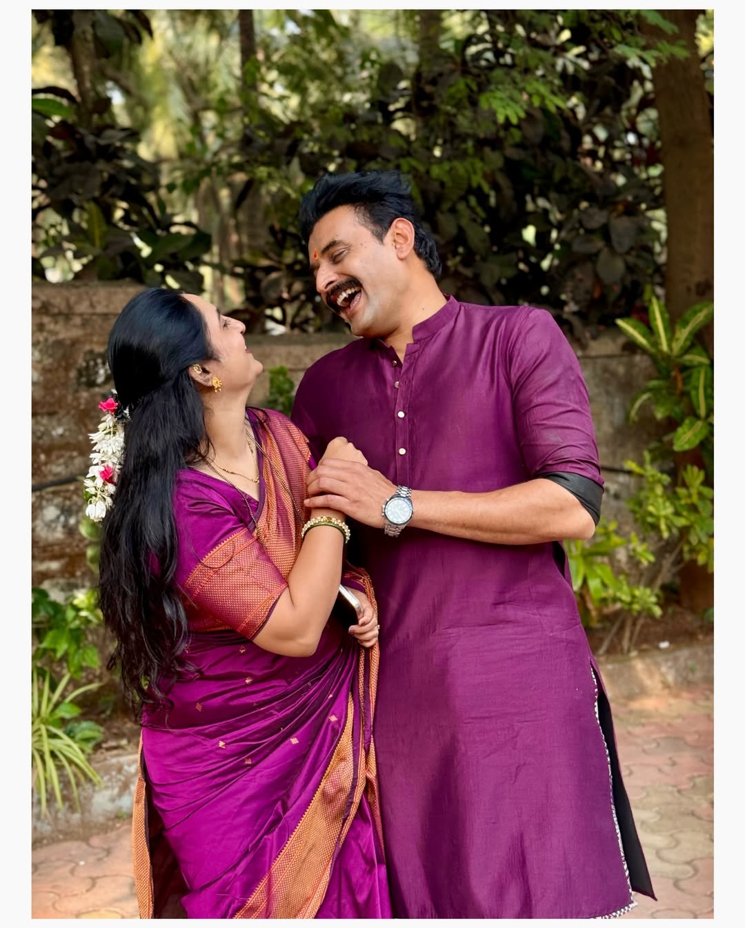 Gharo Ghari Matichya Chuli fame actor Sumit Pusawale with wife Monica Mahajan Pusawale during Satyanarayan Puja at home
