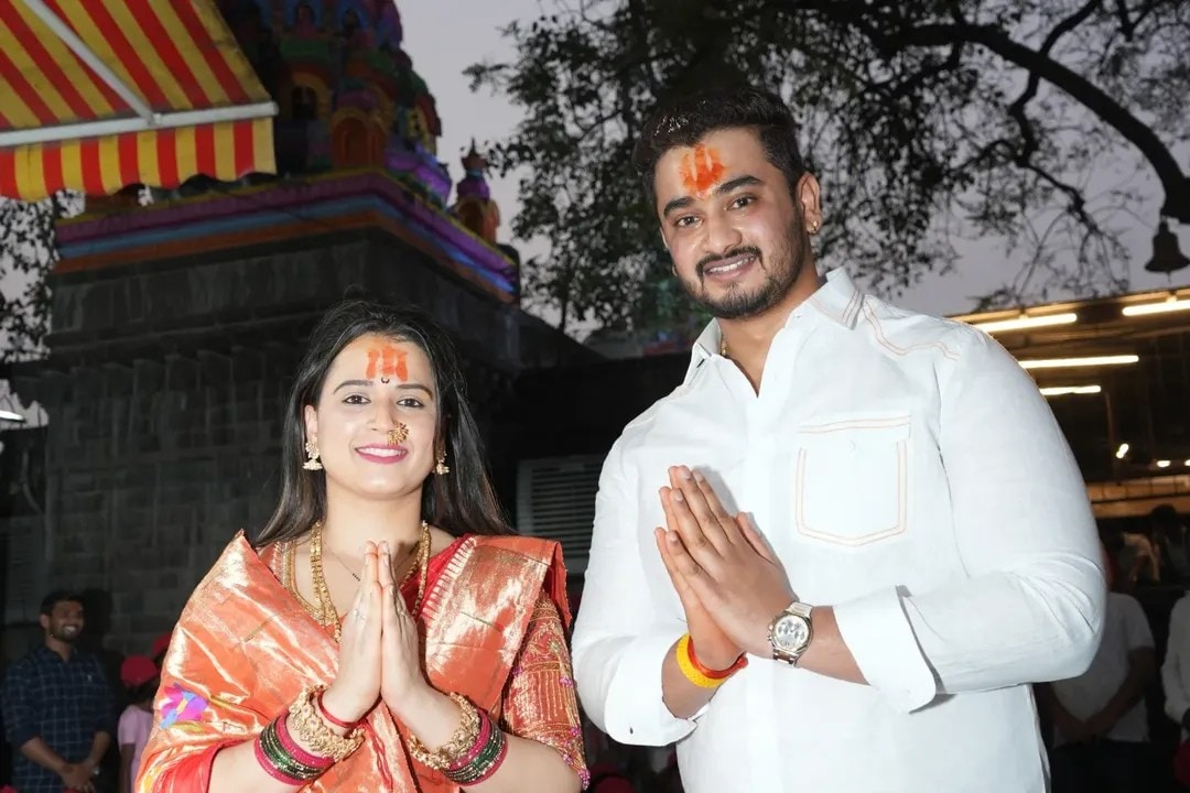 Prajakta Gaikwad at Tulja Bhavani Temple darshan with husband