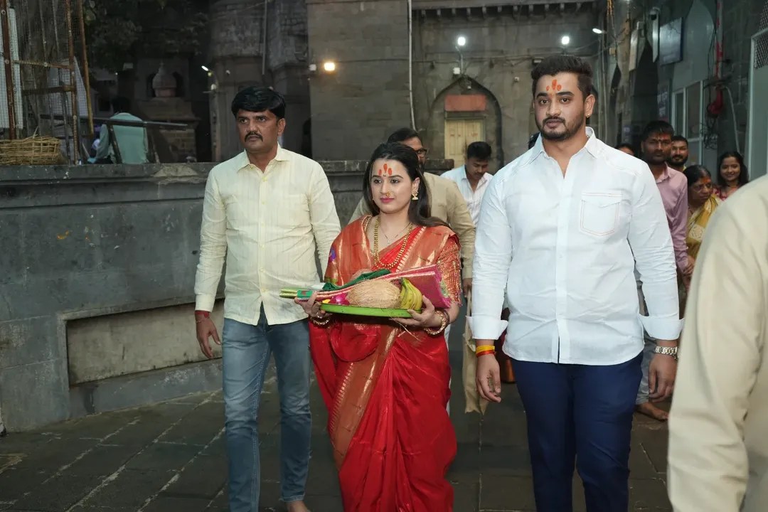 Prajakta Gaikwad at Tulja Bhavani Temple darshan with husband