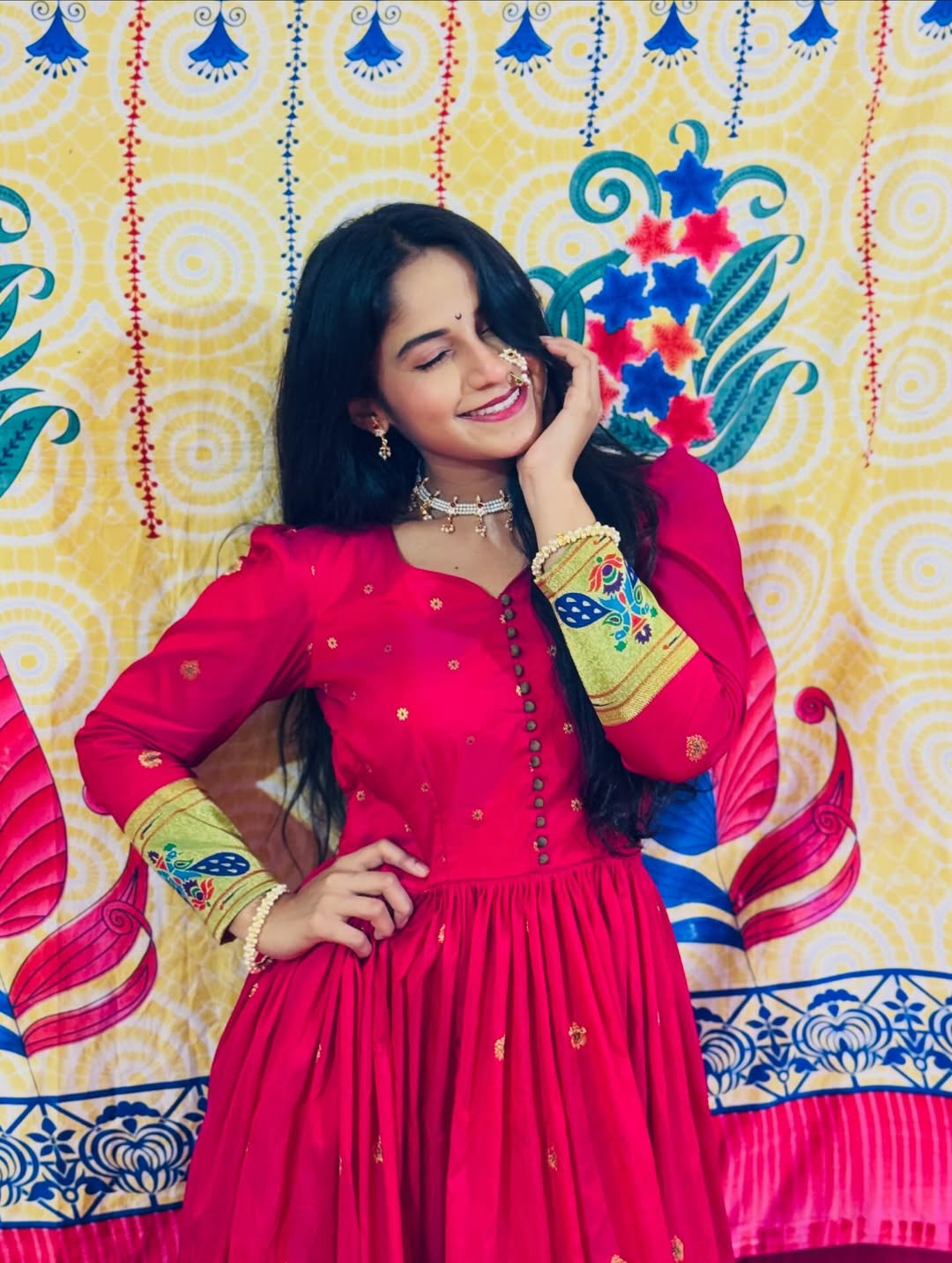 Prapti Redkar shines in a red saree-stitched dress with nath photos