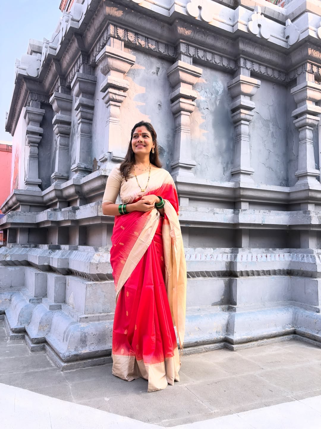 Suruchi Adarkar traditional Marathi look in red saree devotional visit to Yogeshwari Devi Temple Ambajogai