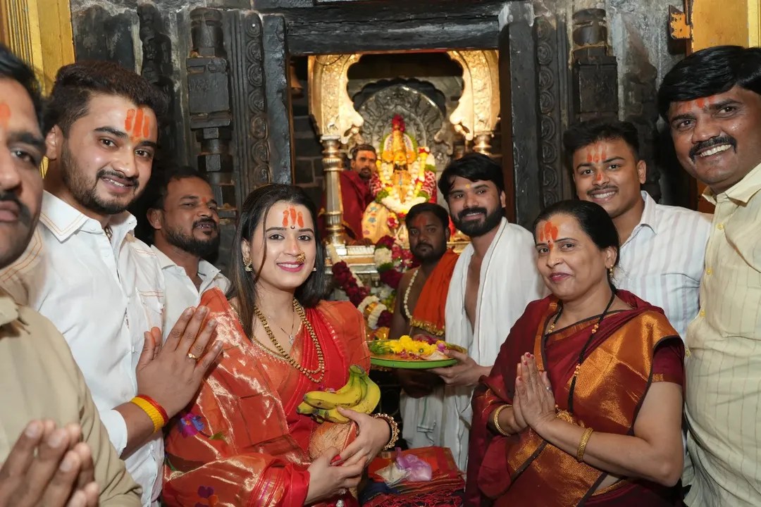 Prajakta Gaikwad at Tulja Bhavani Temple darshan with husband