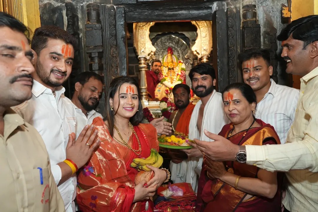 Prajakta Gaikwad at Tulja Bhavani Temple darshan with husband
