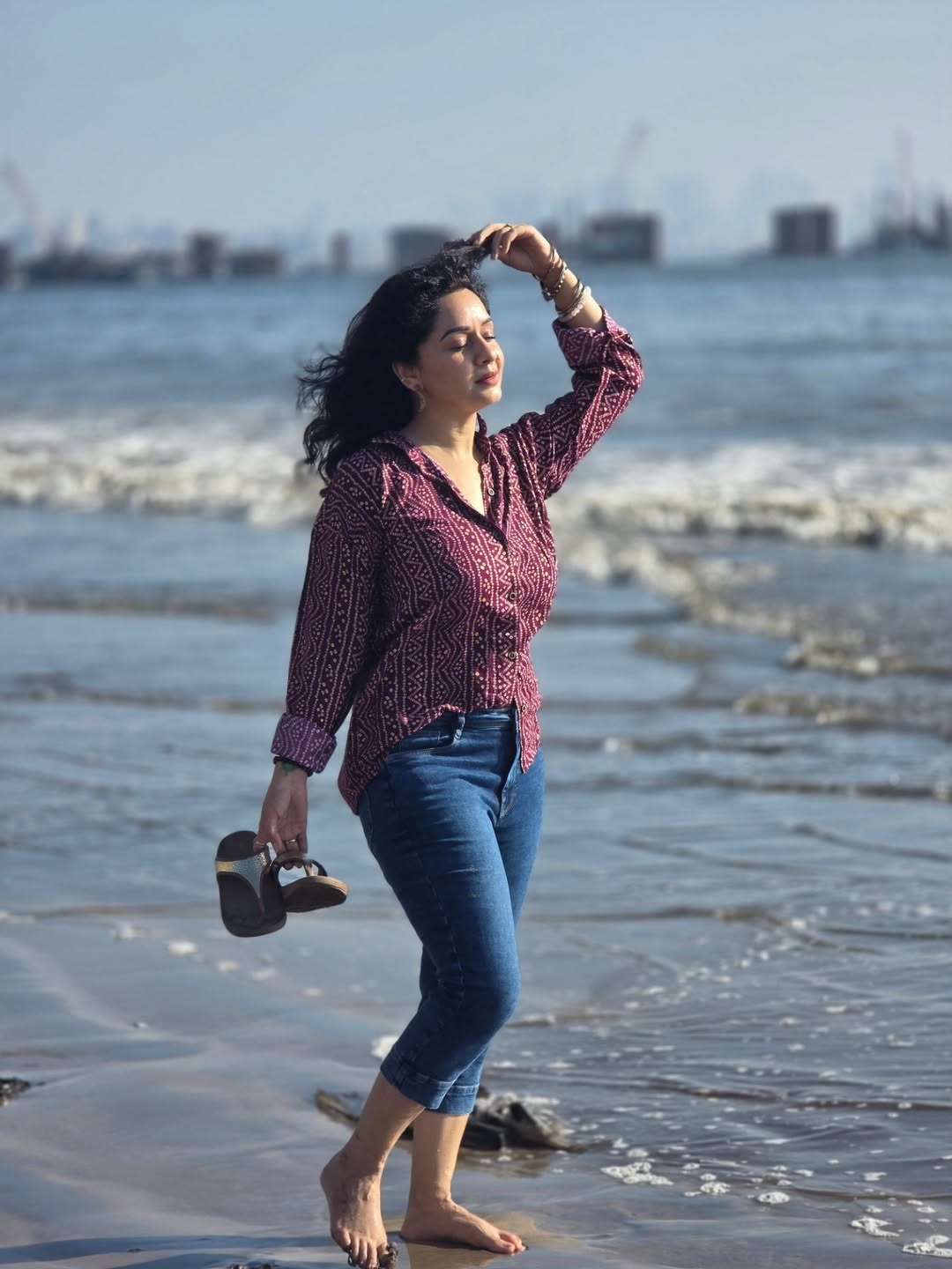 Sukhada Khandkekar glamorous beach photoshoot bandhani halter neck top look