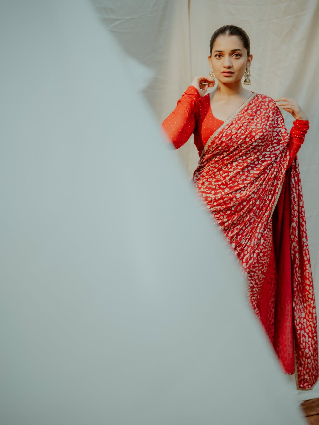 Hruta Durgule Red Saree Look