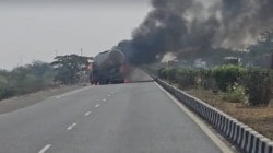 Video: धक्कादायक: मुंबई–आग्रा महामार्गावर सिमेंट टँकरला भीषण आग; टँकर जळून खाक, वाहतुकीची मोठी कोंडी…
