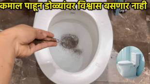 Toilet bowl with yellow stains being cleaned using a natural mixture of salt, baking soda, and lemon for a shiny finish