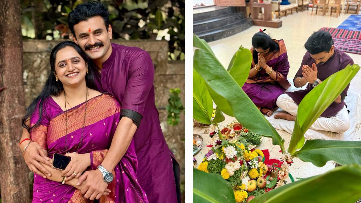 Gharo Ghari Matichya Chuli fame actor Sumit Pusawale with wife Monica Mahajan Pusawale during Satyanarayan Puja at home