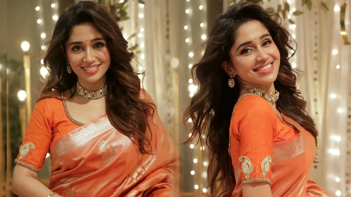 Purniemaa Dey Orange Saree Look