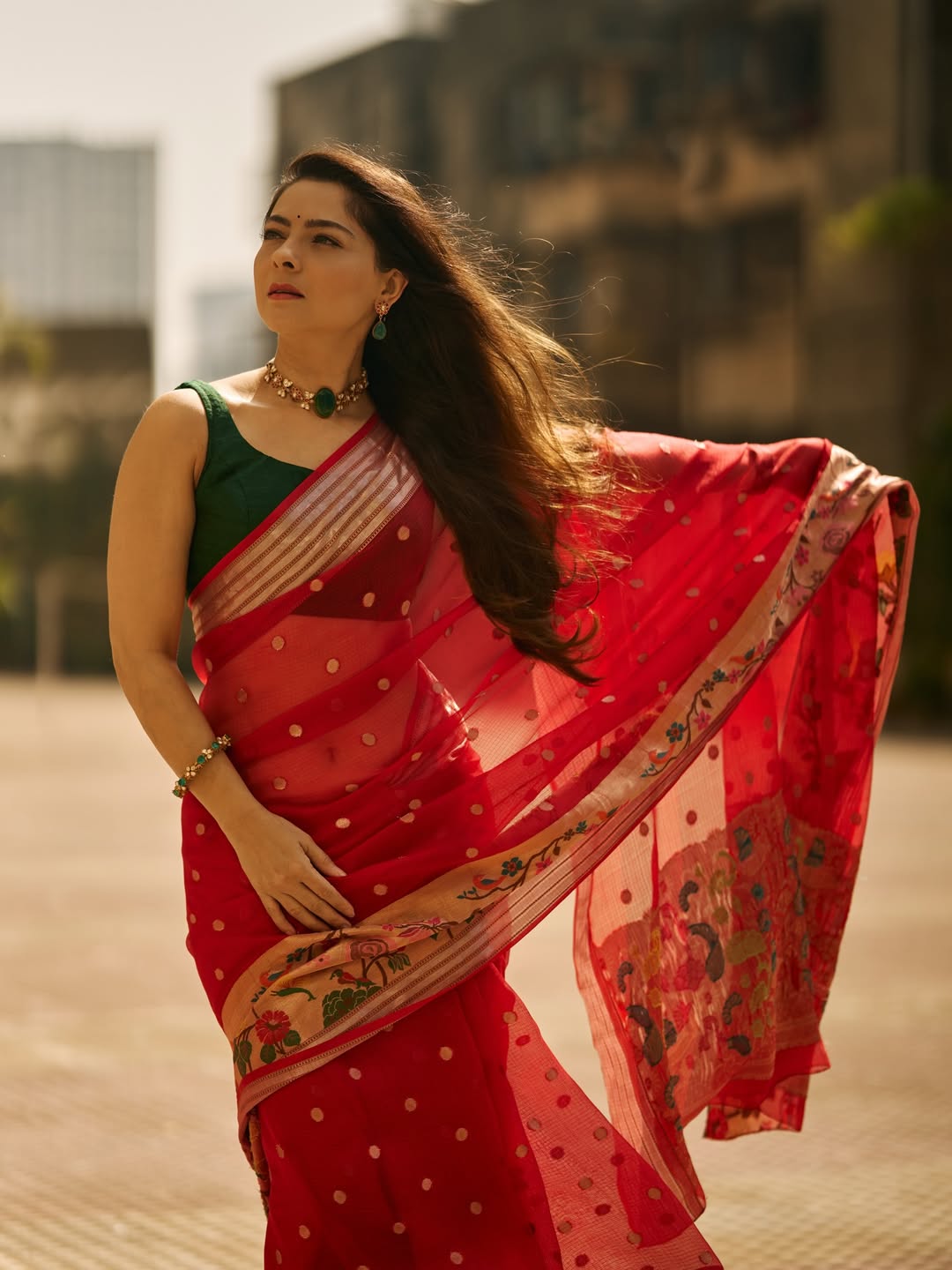 Sonalee Kulkarni Red Kota Paithani Saree