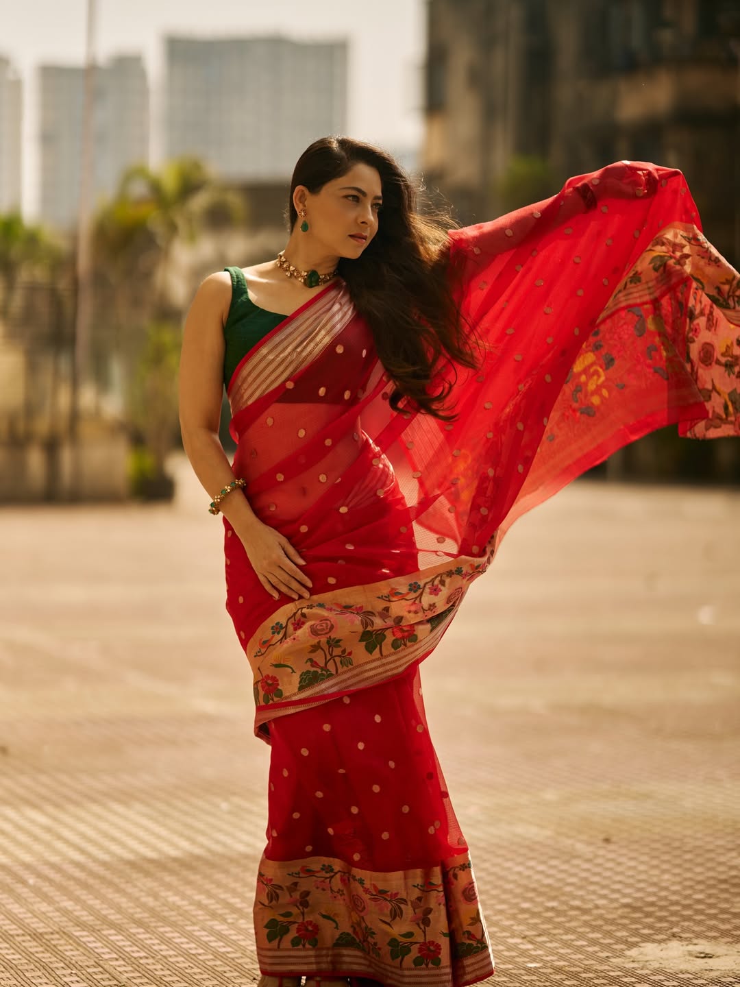 Sonalee Kulkarni Red Kota Paithani Saree