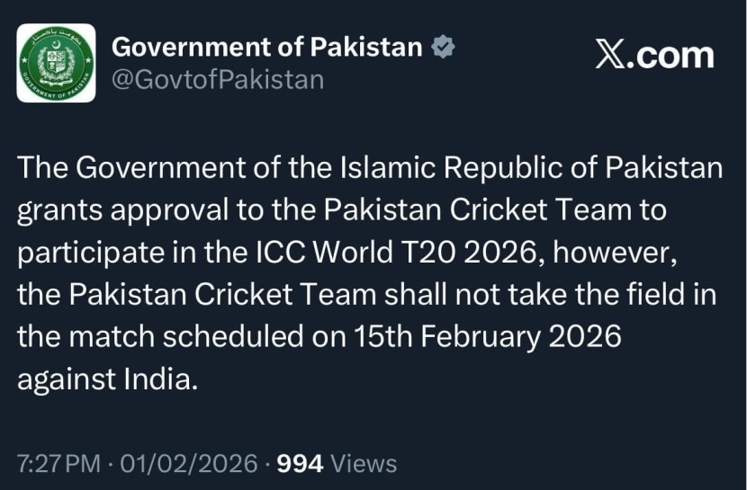 Pakistan Government Post for T20 World Cup India match Boycott