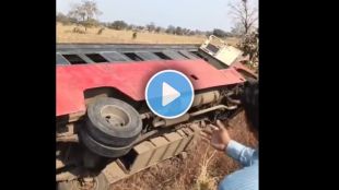 st bus overturns on washim pusad road after biker cuts across 37 passengers escape major injury