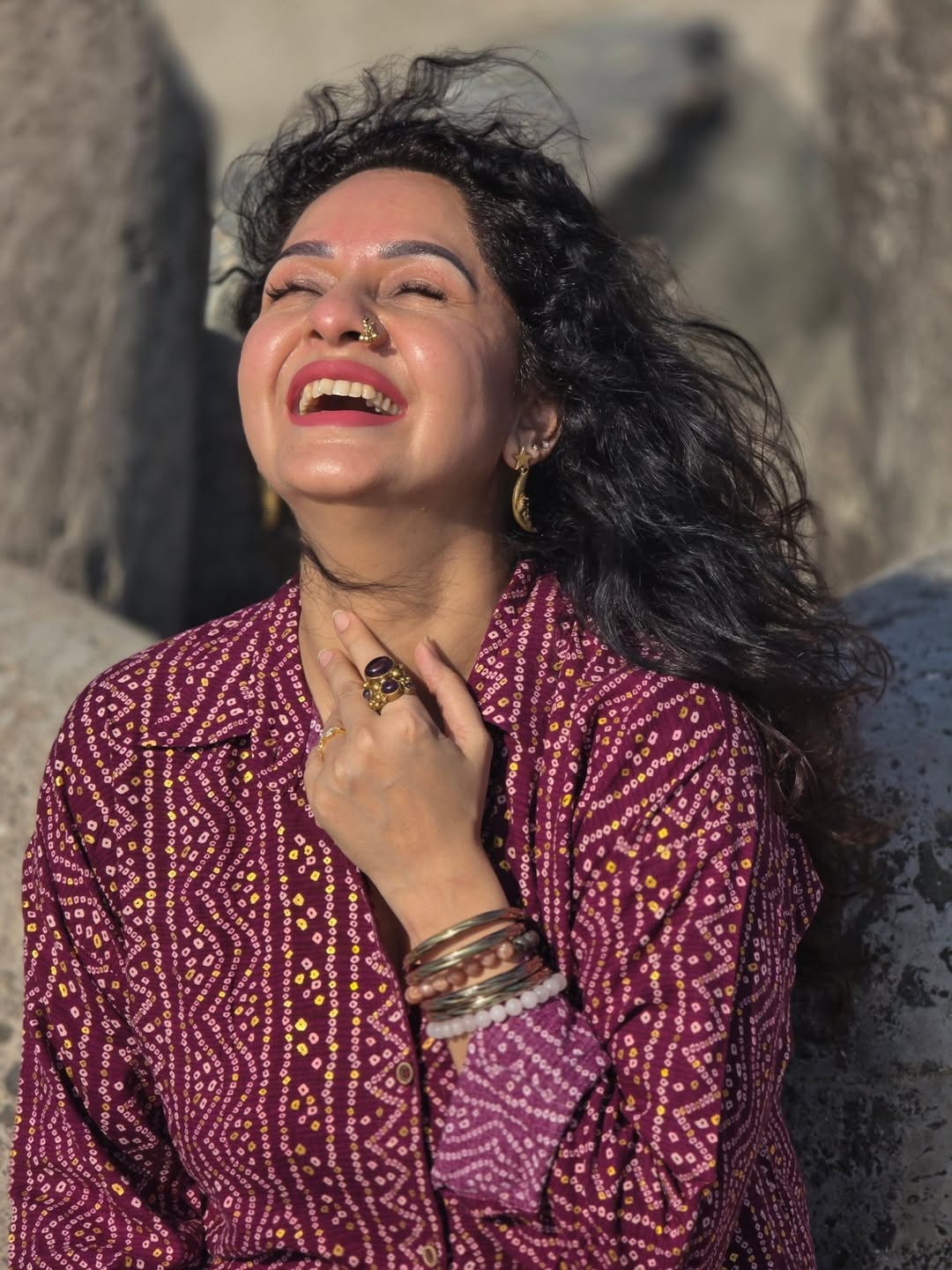 Sukhada Khandkekar beach photoshoot bandhani print shirt look