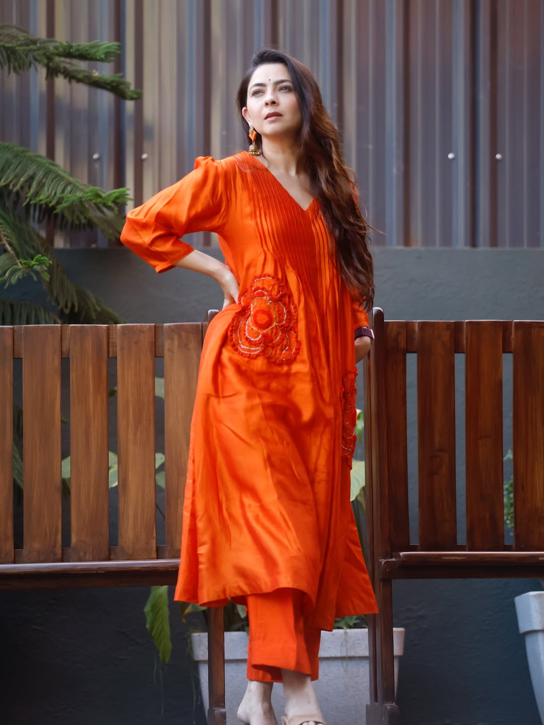 Sonalee Kulkarni orange dress look