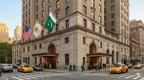 Historic Roosevelt Hotel building in Midtown Manhattan New York | USA and Pakistan joint ownership agreement | न्यूयॉर्कमधील ऐतिहासिक रूझवेल्ट हॉटेलची वास्तू | अमेरिका आणि पाकिस्तान संयुक्त मालकी करार