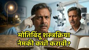 An elderly person squinting to see clearly, cataract eye illustration vs normal eye.