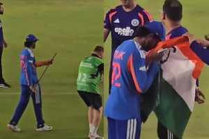 Tilak Varma apologies After Indian flag accidentally slips during victory lap places tricolor on forehead Video