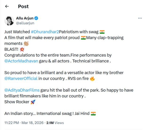 allu arjun post about dhurandhar 2