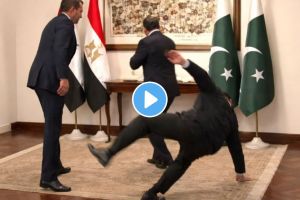Pakistan Deputy PM Ishaq Dar falls video viral | Ishaq Dar falling during Egypt FM meet | पाकिस्तानचे उपपंतप्रधान इशाक दार पाय घसरून पडले | इशाक दार व्हिडिओ व्हायरल