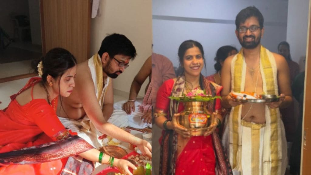 Social media influencer Sayali Raut with husband Vinit in their new Mumbai home. Social media influencer Sayali Raut with husband Vinit in their new Mumbai home.