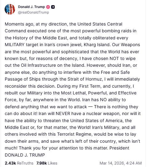 us donald trump truth post about kharg attack
