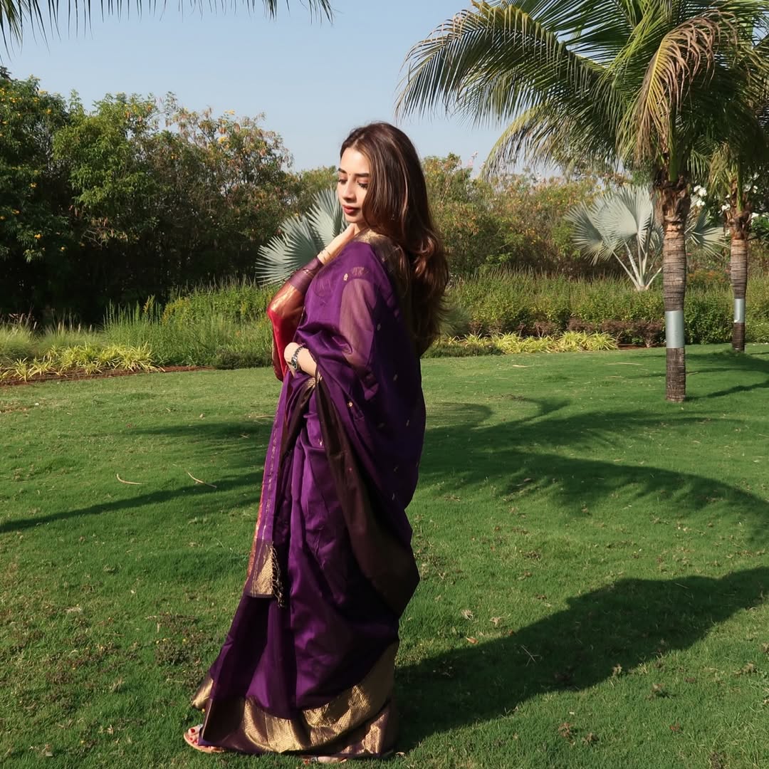 Yugendra Pawar wife Tanishka kulkarni purple saree photoshoot