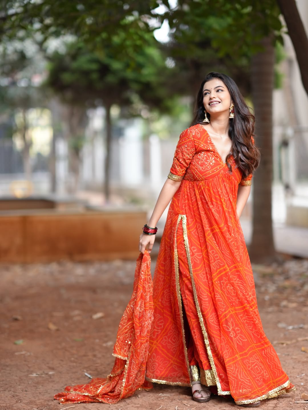 Anushri Mane Orange Bandhani Dress Look
