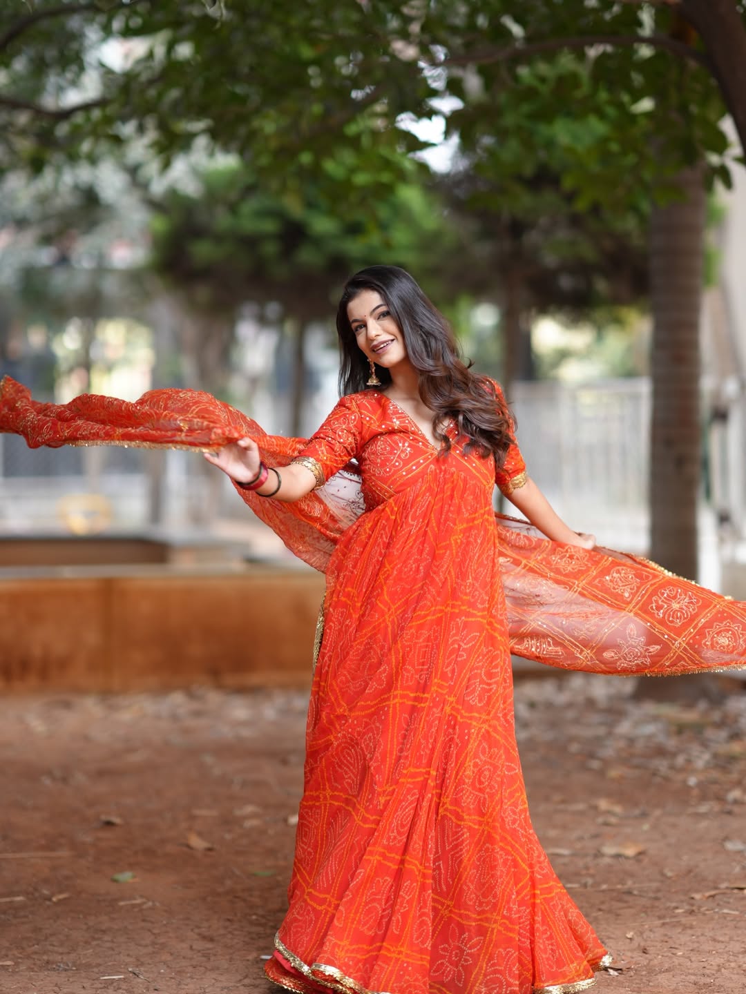 Anushri Mane Orange Bandhani Dress Look