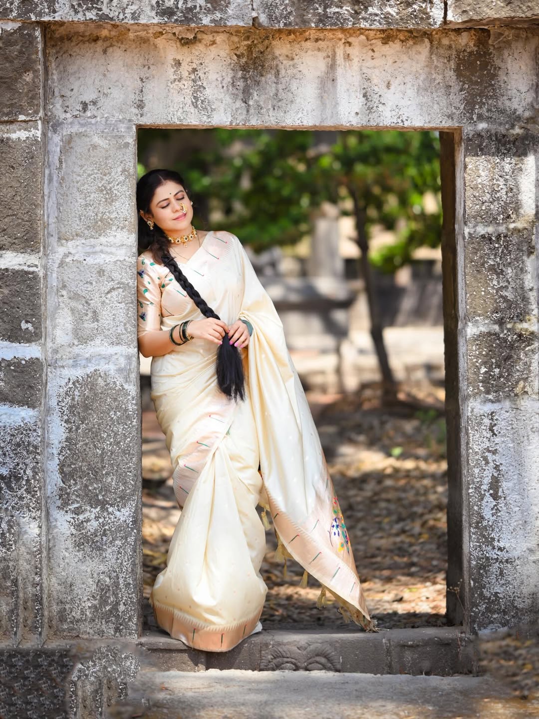 Ashvini Mahangade White Muniya Paithani Saree Look