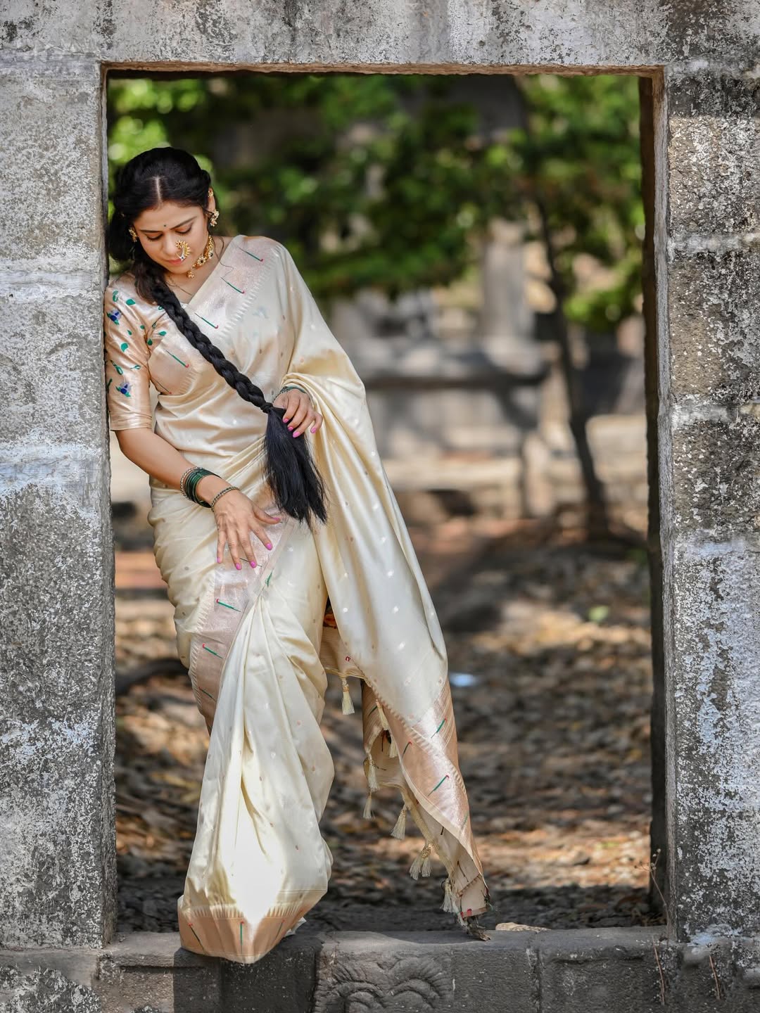 Ashvini Mahangade White Muniya Paithani Saree Look